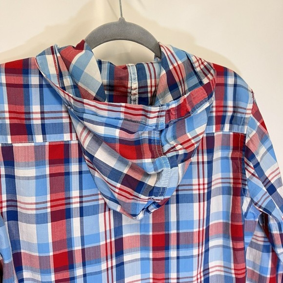 Levis Modern Fit Hooded Button Up L/S Shirt Mens Medium Red White Blue Plaid - Picture 6 of 16